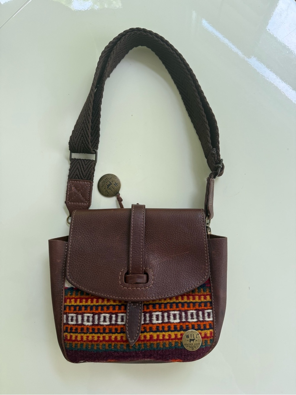 Will Leather Goods Brown Leather Crossbody with Multicolor Woven Panel